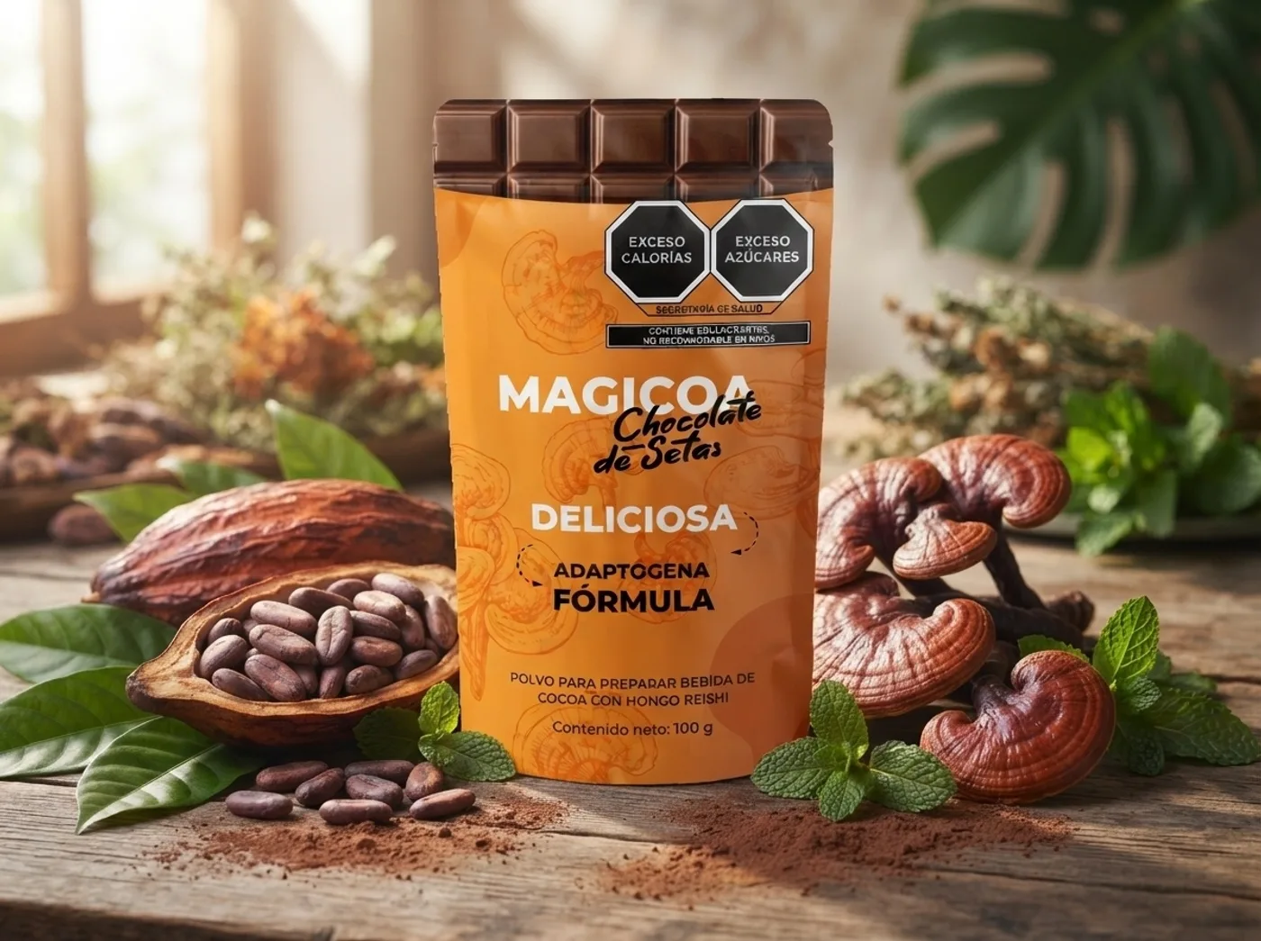 Granos de cacao y hongo Reishi junto a Magicoa