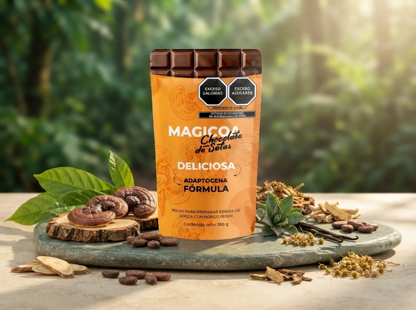 Hongo Reishi y granos de cacao junto a Magicoa