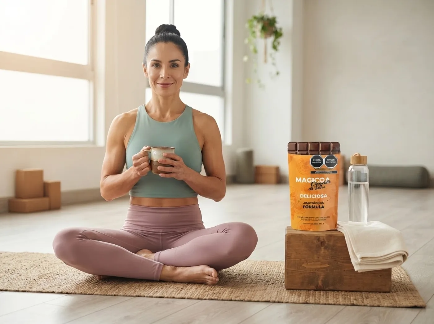 Mujer latinoamericana disfrutando de una rutina de bienestar con cacao para bajar de peso