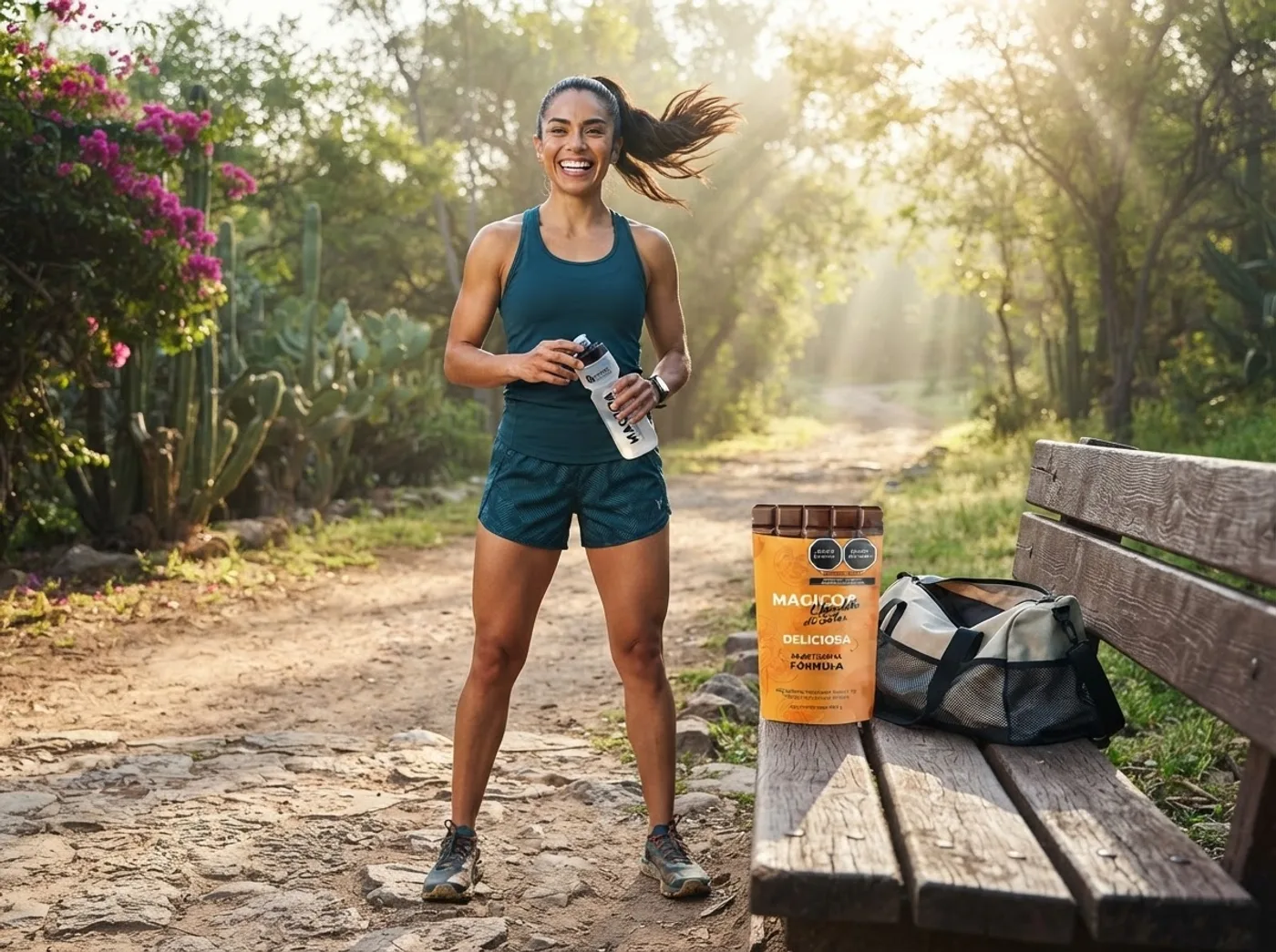 Mujer activa con su bebida Magicoa antes de correr