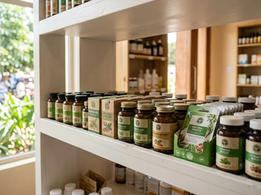 Anaquel de suplementos naturales en punto de venta